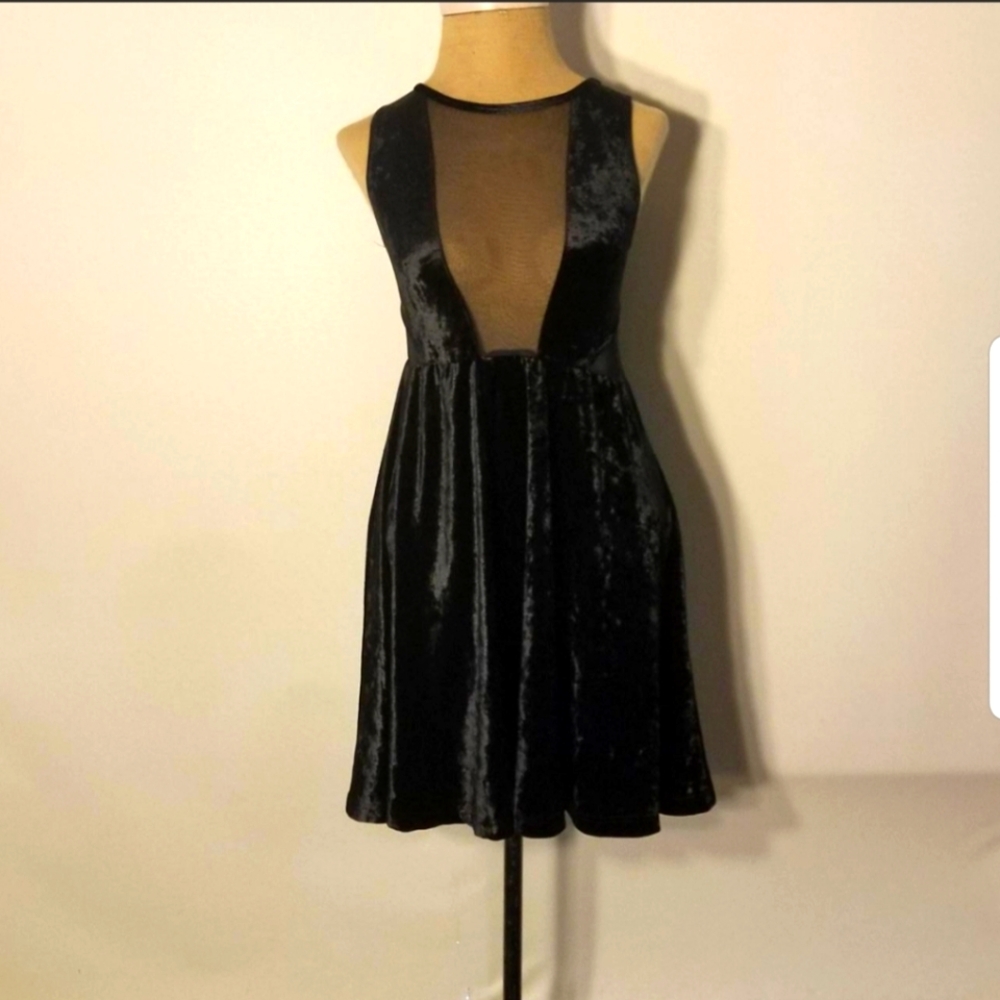 Goth Black And Greige brand Black Velvet Like & Mesh Dress Size Small.